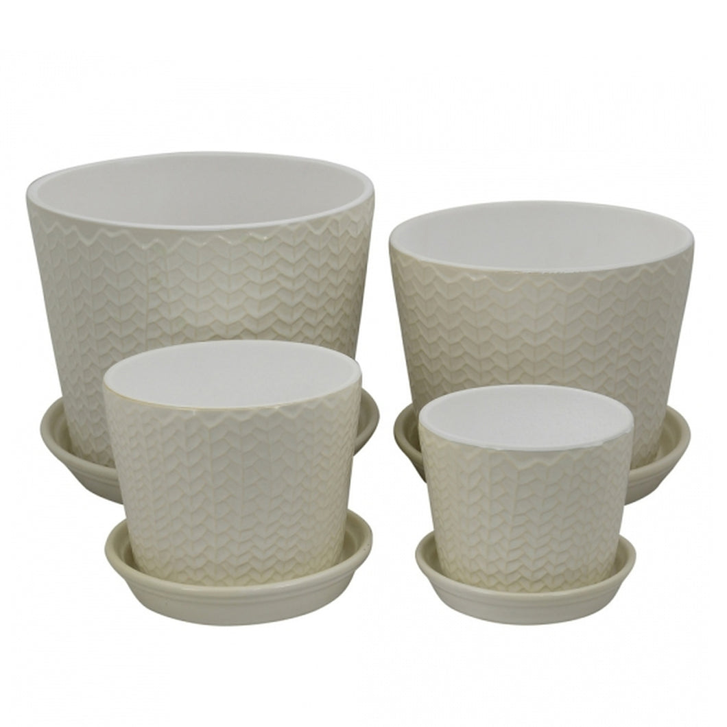 Embossed Leaf Pattern Planter with saucer - White